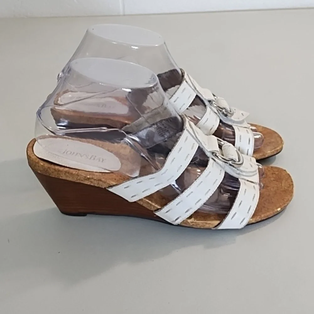 White Wedge Sandals with Leather Straps Stitching Cork Soles